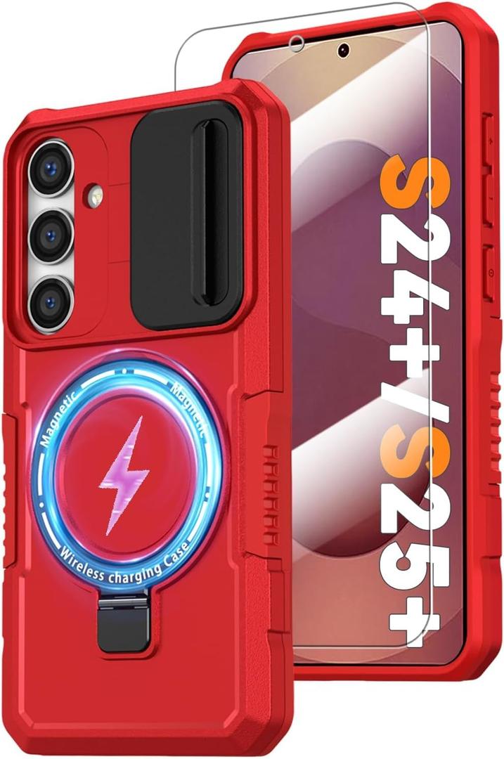 Magnetic Case for Samsung Galaxy S25+ Plus/Galaxy S24+ Plus With Ring Stand Compatible with MagSafe Wireless Charging Screen Protector Military Grade Shockproof Case with Slide Camera Cover, Red