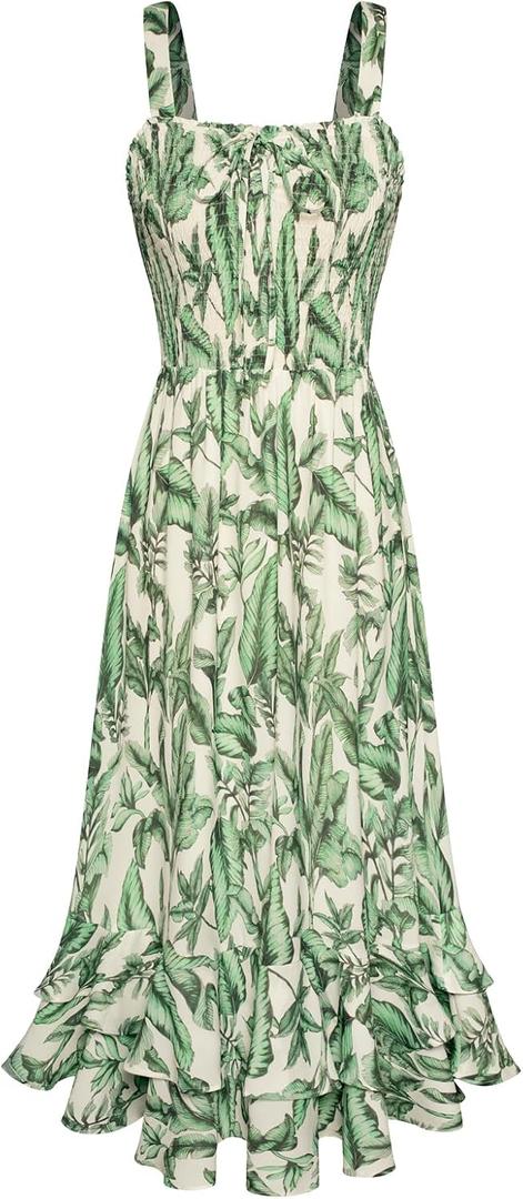 GRACE KARIN Women's 2026 Summer Floral Boho Dress Square Neck Strapped Swing A Line Sundress Beach Long Maxi Outfits, L