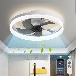 Low Profile Ceiling Fans with Lights,19.7" Flush Mount Ceiling Fan with Remote,Reversible,Noiseless,Dimmable,White Fandelier Chandelier Ceiling Fan for Bedroom.
