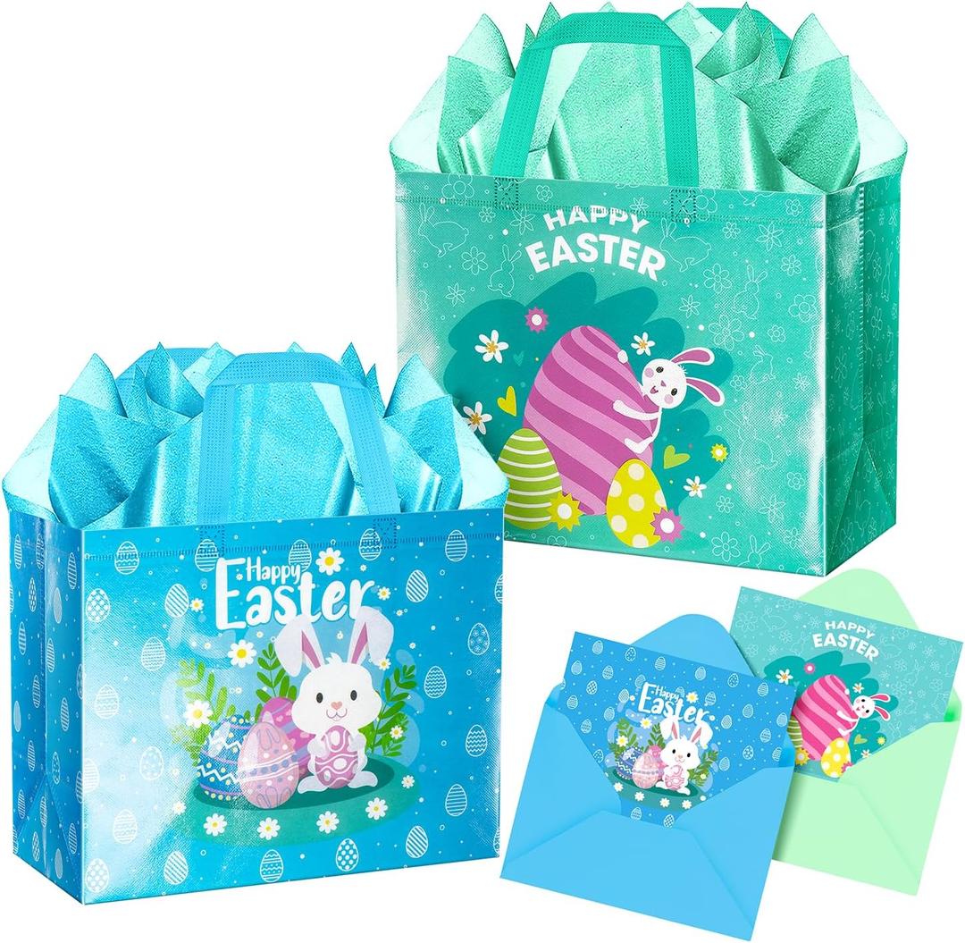 Jaywayang 2Pcs 12.6" Happy Easter Gift Bags with Tissue Paper, Envelope and Card, Reusable Non-Woven Bag with Handles for Kids Easter Party Supplies (Blue, Cyan)