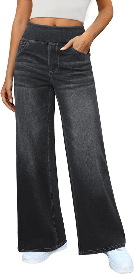Women's Wide Leg Jeans High Waisted Stretchy Denim Pants Elastic Waist Pull On Sweatpant Jeans Trendy Baggy Loose (Large, Dark Grey)