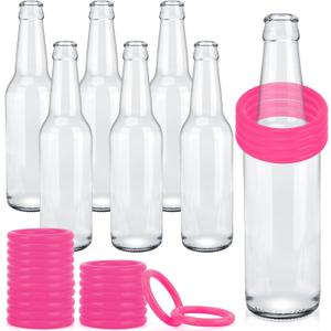 30 Pcs Ring Toss Game Carnival Game Set Include 24 Plastic Throw Rings and 6 Glass Bottles for All Occasions and Events, Summer Backyard Fun, Beach, Carnival Party Favor (1.57", Pink)