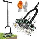 Saker Manual Lawn Aerator Tool with 15 Iron Spikes Adjustable Height, Double-Layer Spring, Heavy-Duty Iron Lawn Aerator Tool with Gloves for Loosening Soil Aerating Patio, Yard, Garden Black