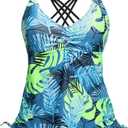 Tempt Me Women Blue Leaves Tankini Top Only V Neck Swim Tops Tummy Control Bathing Suit Top No Bottom L
