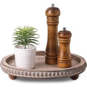 Wooden Coffee Table Tray Decor, Round Decorative Tray Brown Beaded Distressed Rustic Farmhouse Centerpiece for Dining Room Entryway Kitchen Counter Candle Holder Organizer