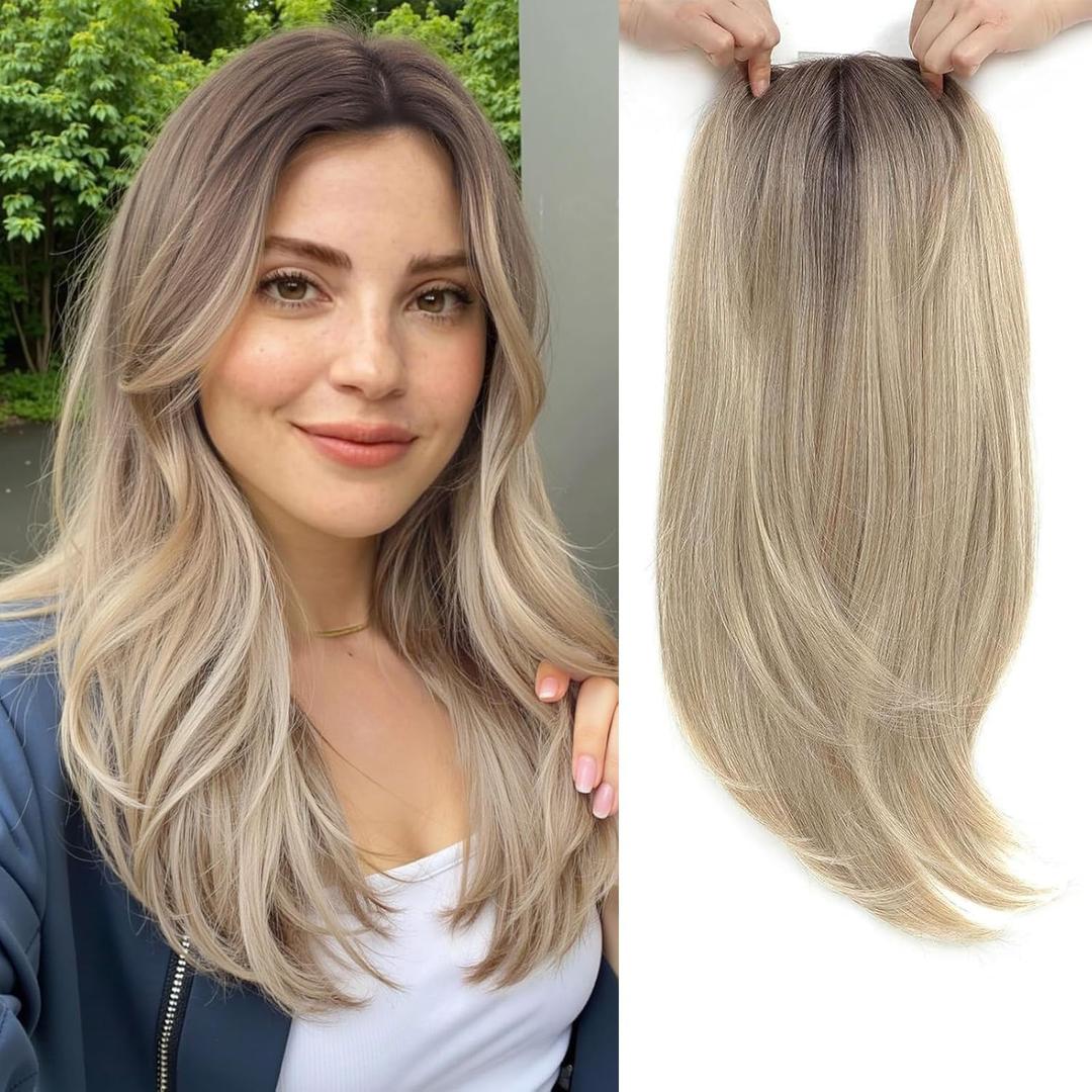 Molefi Hair Toppers for Women with Thinning Hair,18 Inch Long Layered Topper,Add Volume Synthetic Wiglets Pieces For Women 6.5"x6.5"Large Base for Daily Use (Mix Blonde with Dark Root)