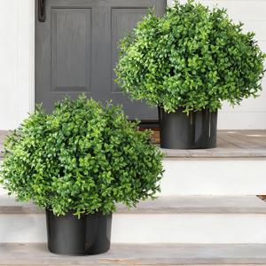 Set of 2 Artificial Boxwood Topiary Ball Trees - UV Resistant Faux Boxwood Potted Plants, Spring Summer Greenery Fake Bushes for Front Door Farmhouse Garden Porch Outdoor Decor