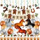 Zhanmai 60 Pcs Cowboy Birthday Party Decoration, Western Themed Party Decorations Horse Balloons Happy Birthday Banner Cake Topper Hanging Swirls Brown White Latex Balloons for Western Rodeo Party