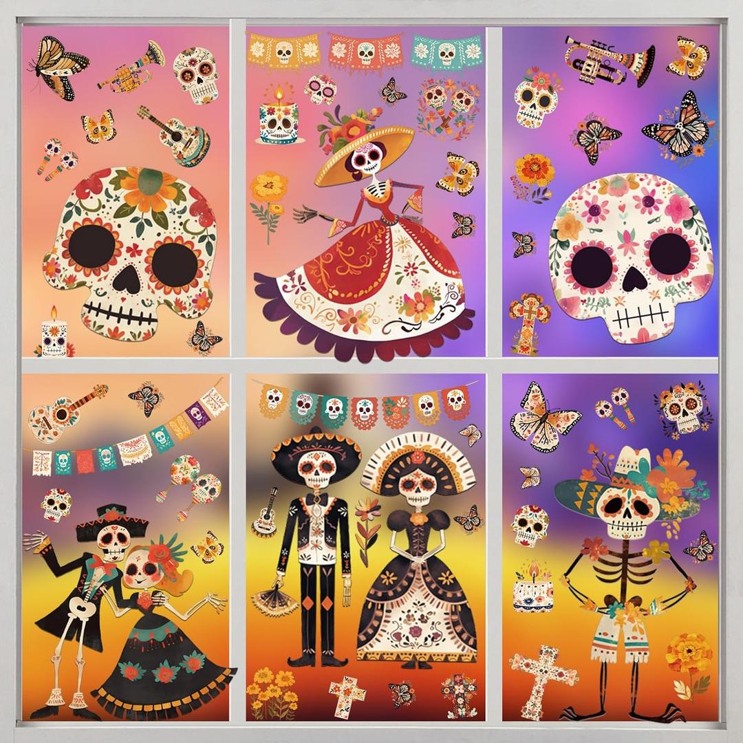 5 x Dia de Los Muertos Decorations, Day of The Dead Window Clings, Halloween Window Stickers, Mexican Fiesta Party Decor, Sugar Skull Skeleton Musical Decals, 9 Sheets