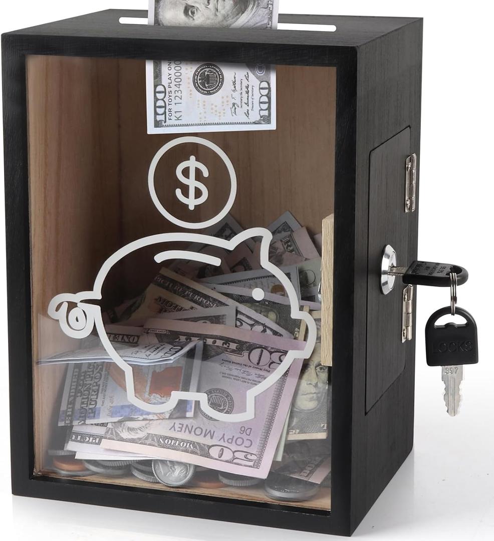 Clear Piggy Bank with Lock, Large Money Saving Jar Money Bank Box Container for Cash Saving, Openable Clear Money Coin Change Bank Jar Container Penny Piggy Jar Bank for Adults Kids, Black