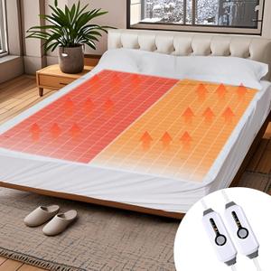 SUNNY HEAT Heated Mattress Pad Queen Size, Dual Control, 60x80inch, Fit Up to 21 Inch Deep Pocket, 4 Heating Level, 10 Hour Auto-Off, Warming Bed, White