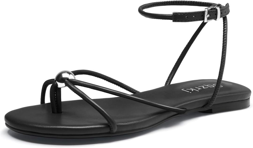 Sqzrkj Strappy Flat Sandals for Women Comfortable Open Round Toe Ankle Strap Thong Flip Flops Sandals Summer Beach Dressy Shoes Black, Size 9