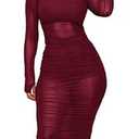 LYANER Women's Mesh Dress Long Sleeve Bodycon 3 Piece Outfits with Cami Shorts Wine Red XX-Large