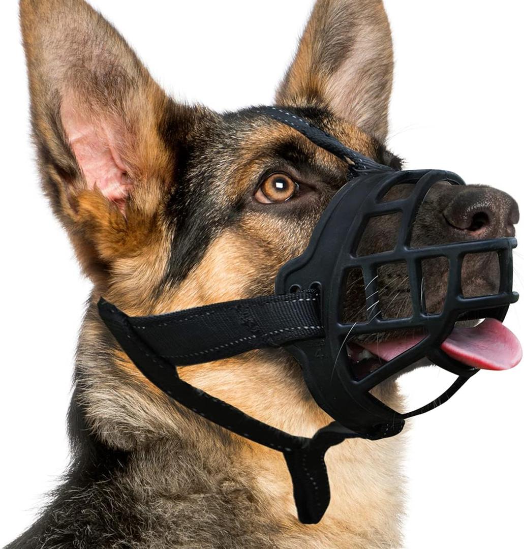 BARKLESS Dog Muzzle, Silicone Basket Muzzle for Small Medium Large Dogs, Soft Cage Mouth Cover Prevent Biting Chewing, Allow Drinking Panting, Suitable for German Shepherd (1 (Snout 6-7"), Black)