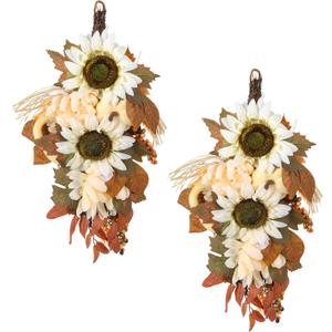 2PCS Artificia Fall Teardrop Swag 17.72" Autumn Swag Sunflowers Pumpkins Dahlias Berries Door Swag Hanging Flower Wreath for Thanksgiving Fall Front Door Window Wall Decor(A)