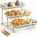 LAUCHUH 3 Tier Serving Tray, Porcelain Serving Platter Tier Serving Stand with Collapsible Sturdier Rack, Serving Trays and Platters Dessert Party Display Set for Easter, Gold, 12 Inch