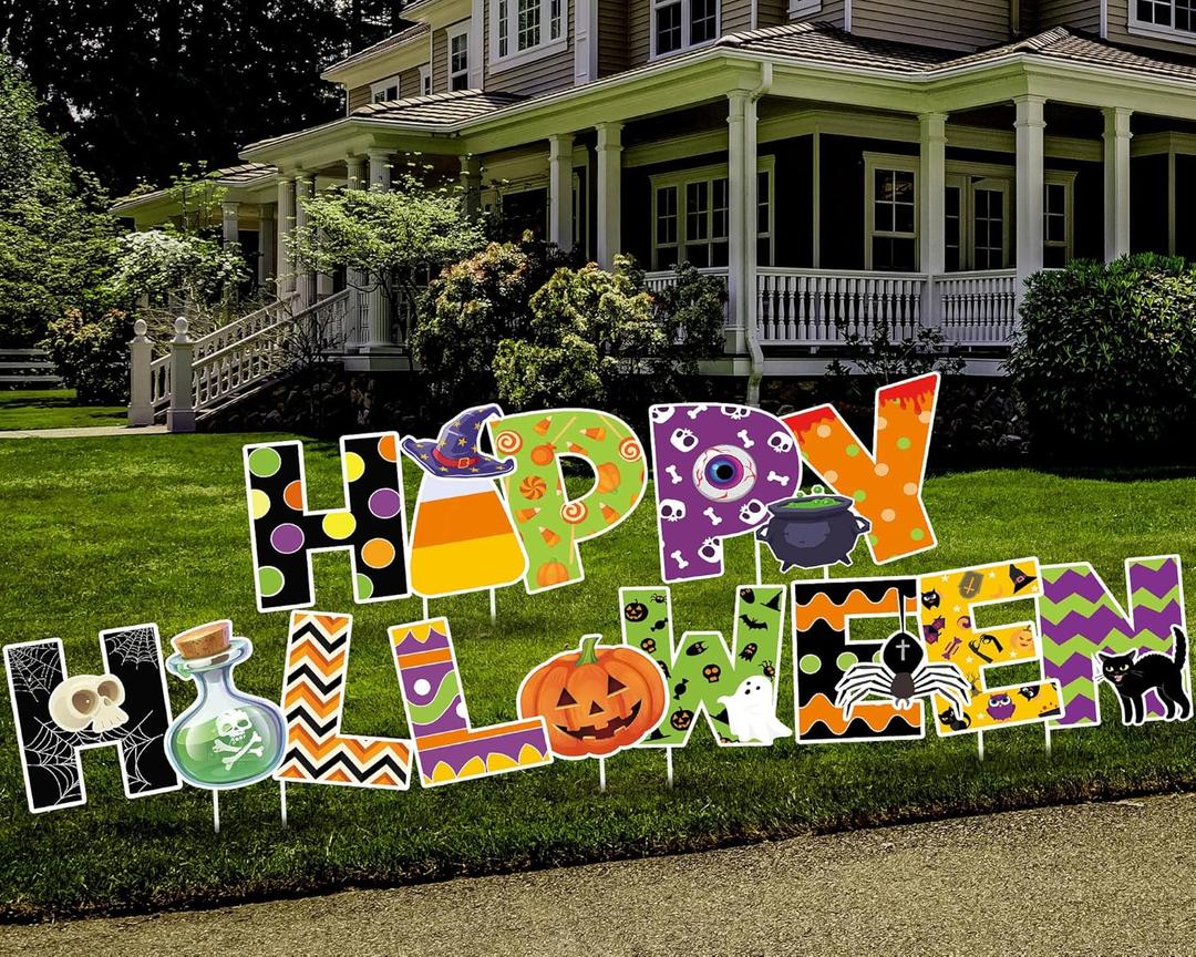 5 Pcs Happy Halloween Yard Signs Halloween Corrugated Yard Stake Signs Large Colorful Happy Halloween Letter Yard Lawn Sign Pumpkin Ghost Spider Yard Lawn Decoration for Halloween Party Outdoor Decor