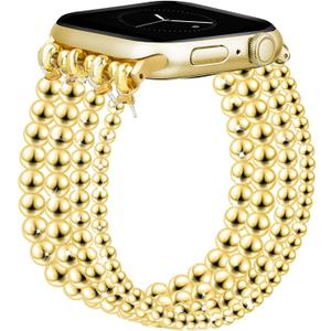 JR.DM Gold Beaded Bracelet Bands Women Compatible with Apple Watch 40mm 42mm(S10/11) 41mm 38mm Dressy Fancy Stretchy Elastic Jewelry Strap Replacement for iWatch Series 11/10/9/8/7/6/5/4/3/2/1/SE