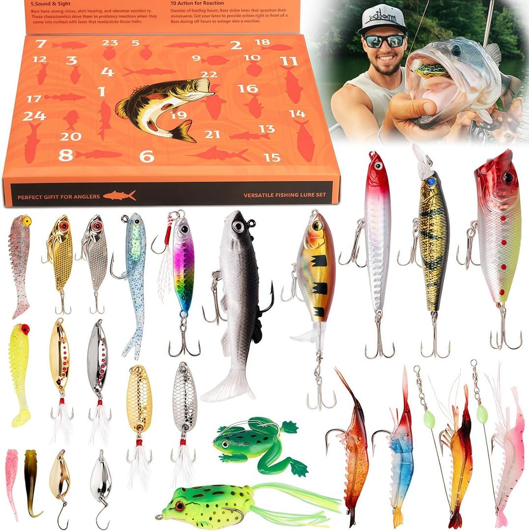3 x 24 Days Fishing Lure Advent Calendar 2025 for Men & Teen Boys, 24 Unique Artificial Baits for Fresh/Saltwater | Christmas Countdown Gift for Anglers (Crankbaits, Poppers, Minnows, Jigs, Frog Lures)