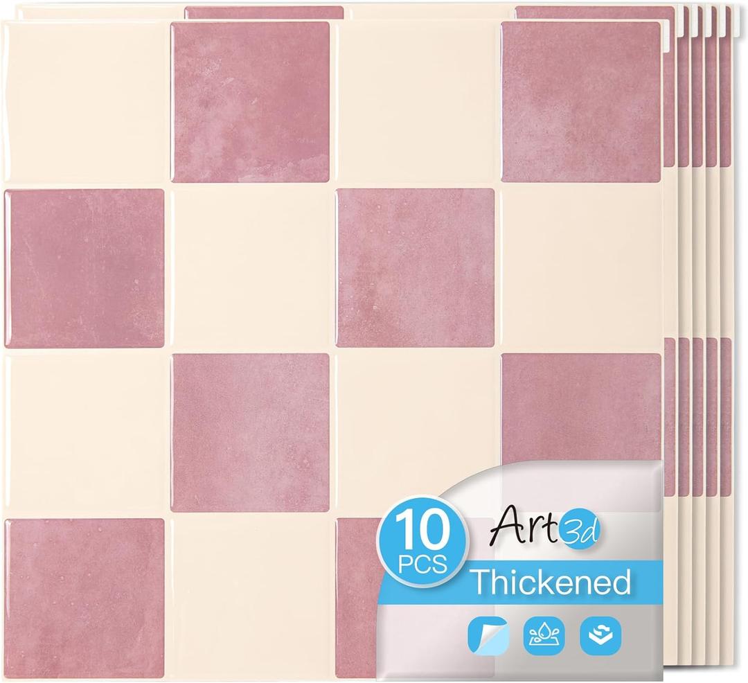 Art3d 10-Pack Heavy-Duty Peel and Stick Backsplash, 12x12 Inch Self-Adhesive Wall Tile Stick on Kitchen Countertop, Pink & Warm White