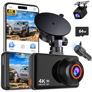 Dash Cam Front and Rear, 4K HD Dash Cam for Cars Built-in WiFi, Car Camera with Night Vision, 64GB Card, 170degreeWide Angle, WDR, 3" IPS Screen, Loop Recording, G-Sensor, 24 Hours Parking Monitor