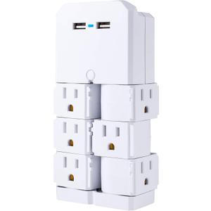 GE 6-Outlet Extender with Swivel Outlets, 2 USB Ports, Grounded Wall Tap, Built-In Device Shelf, Adapter Spaced, 3-Prong, Cruise Essentials, Use for Home Office School Dorm, UL Listed, White, 37064