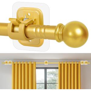 Curtain Rods No Drilling for Windows 66 to 120-128 Inch,Renter Friendly Drapey Pole with 5PCS No Drill Curtain Rod Bracket,Outdoor Long Cortineros Para Ventanas with Adhesive Curtain Rod Holder Gold