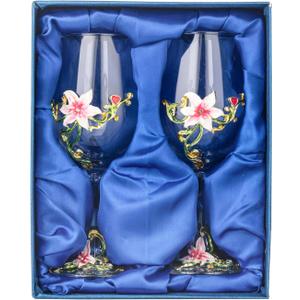 Wine Glasses Set of 2, Handcrafted Enamel Flower Red White Wine Glasses Pretty Floral Goblets with Gift Box for Women Wife Mom Friends Mothers (Pink)