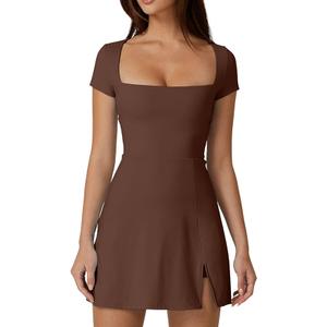 QINSEN Womens Square Neck Tennis Dress Short Sleeve Built in Shorts Golf Athletic Dress with Pockets, L
