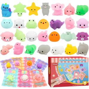 LEASEN 28 Pack Valentines Day Gifts for Kids, Kawaii Mochi Squishies Party Favor Set with Valentines Greeting Cards for Kids, Valentine's Day Classroom Exchange Gifts Set, School Prizes Party Favor