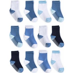 ZAPLES Baby Non Slip Grip Crew Socks with Anti Skid Soles for Infants Toddlers Kids Boys Girls (4-7 Years, Blue Color-blocked)