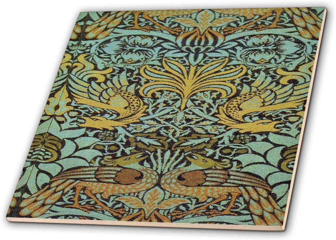 3D Rose Image of William Morris Peacock and Dragon in Gold and Aqua Ceramic Tile, Multicolor