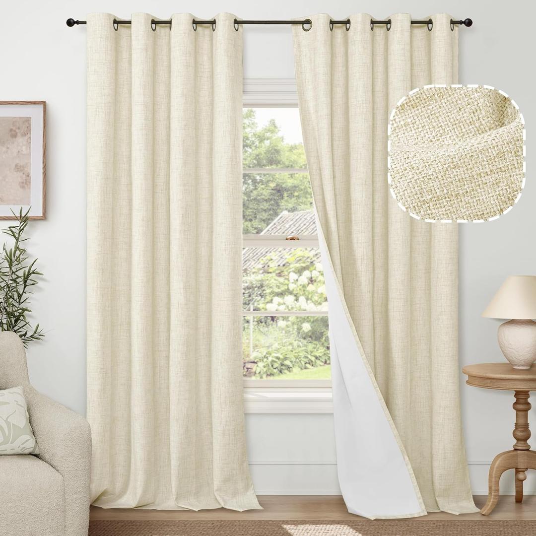 Cream 100% Blackout Curtains for Living Room 95 Inch Length 2 Panels Set, Thermal Insulated Light Blocking Faux Linen Curtains for Bedroom, Bronze Grommet Boho Window Drape Each 52" Wide