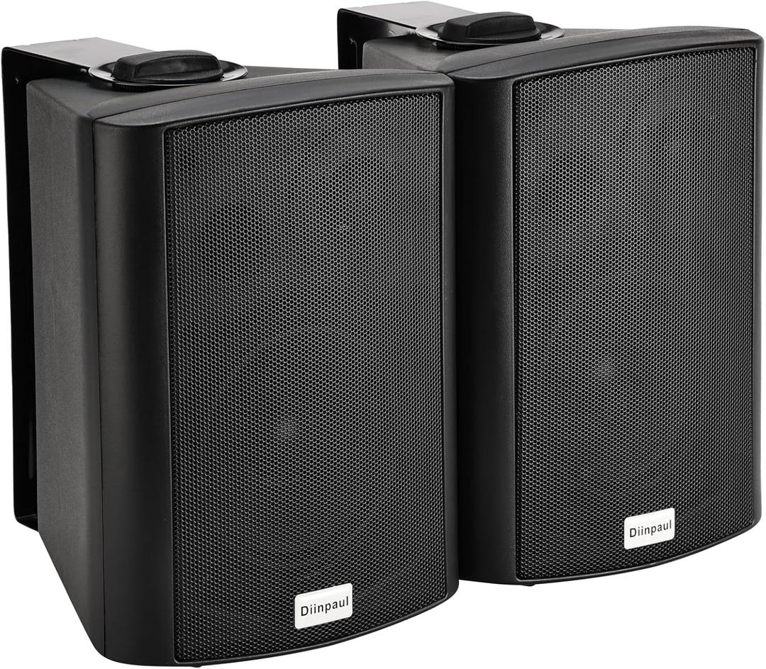 5.25 Inch Outdoor Bluetooth Speakers, Wall Mount, Powerful Bass, Weather Resistant, Built in Amplifier, 8 Ohm, AUX/FM/USB, for Patio, Yard, Deck, Garage or Garden, Pair, Black