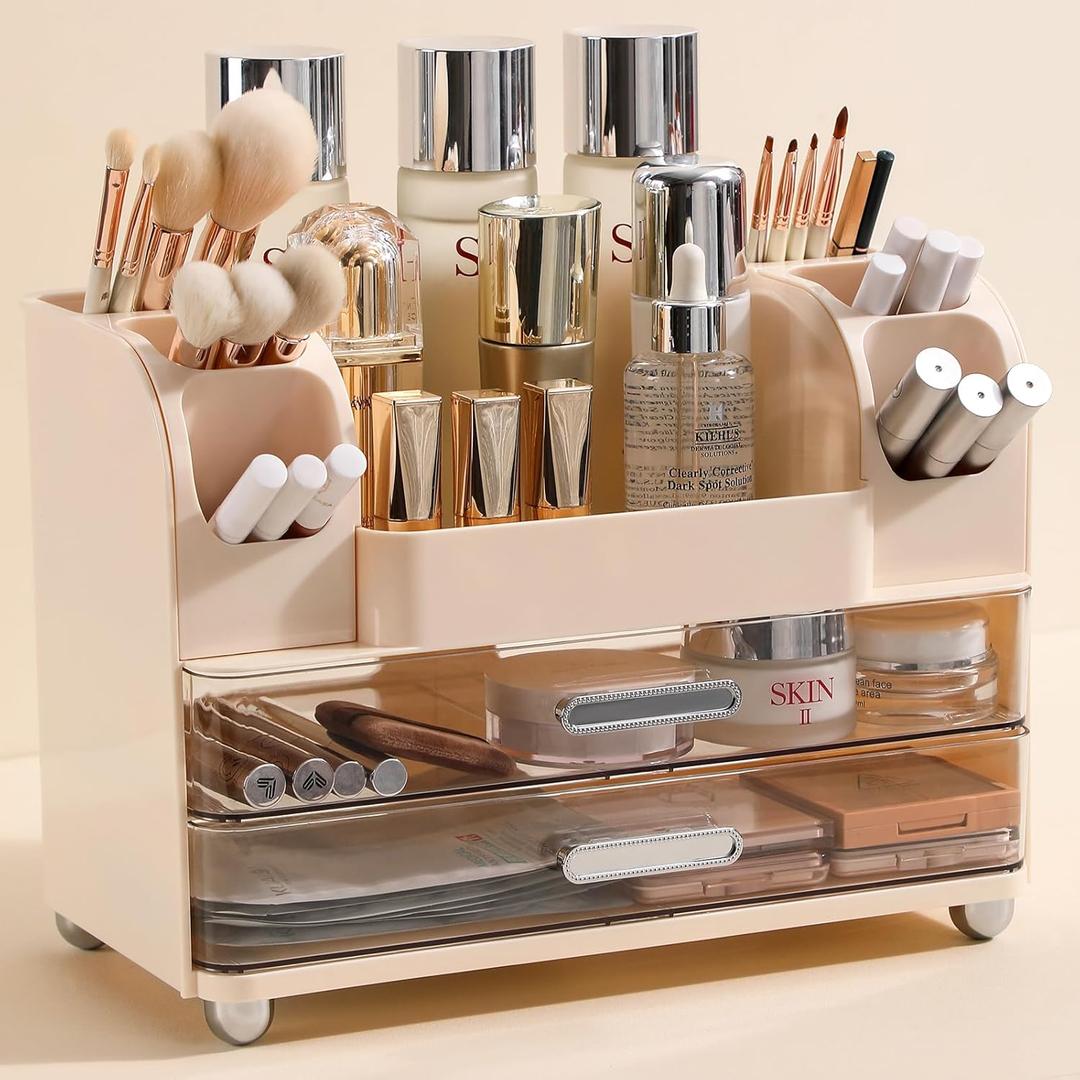 Anyoifax Makeup Organizer Countertop with Large Drawers, Vanity Organizer with Brush Holder, Skin Care Storage for Dresser, Perfume Organizer for Lotion, Lipsitck, Palette, Beige