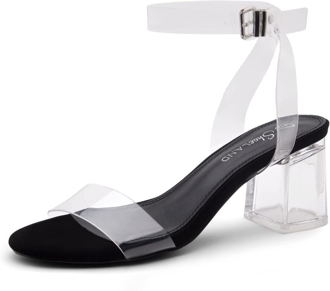 Shoe Land Women's Low Heels  2.75 Inch Chunky Block Heeled Sandals | Clear Sandals, Open Toe Dressy Short Heels with Ankle Strap for Wedding, Prom & Party
