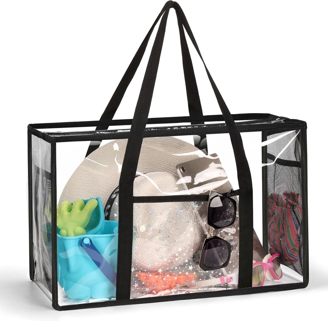 Clear Beach Tote Bag - Waterproof PVC Stadium Approved - Extra Large Transparent Bag for Pool, Concert (Black)