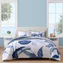 WRENSONGE King Size Comforter Set, 7 Pieces 7 Pieces Blue Tropical Leaves Soft Bedding Sets, Coastal Bed in a Bag, Botanical Printed Comforter with Sheets for All Season (King(102"X90"), Blue White Flower)