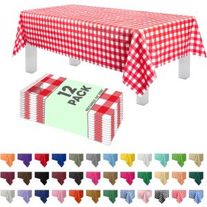 Grandipity 12 Pack Premium Disposable Plastic Picnic Tablecloth 54 Inch. x 108 Inch. Decorative Rectangle Table Cover - Red Checkered Gingham