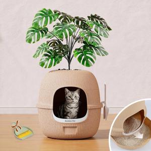 Hidden Cat Litter Box with Faux Plant & Scoop, Drawer Decorative Litter Box Enclosure with Odor Controlled Carbon Filter, Effortless Refilling, Scooping & Cleaning, Leak-Proof Design, Sandblasted, 19.7"(d) x 19.3"(H)