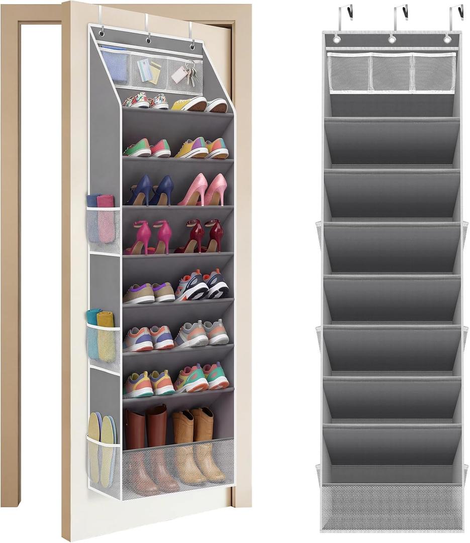 Over The Door Shoe Organizer - 8 Tier Hanging Shoe Organizer with Large Capacity Pockets, Shoe Organizer for Closet, Shoes Rack for Door, Fits 16-24 Pairs of Sneakers, Boots, Heels  Grey