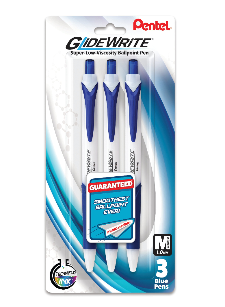 Pentel GlideWrite Ballpoint Pen with TechniFlo Ink, (1.0mm) Medium Line, Blue Ink, 3-Pk - Bulk
