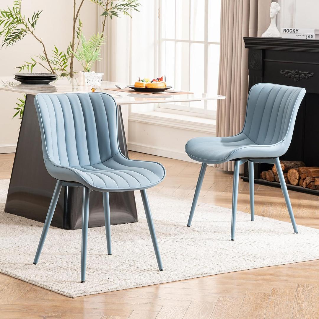 YOUNUOKE Mid-Century Modern Dining Chairs Set of 2, Blue PU Leather Upholstered Kitchen Chairs with Blue Metal Legs, Armless Accent Chair for Dining Room, Guest Reception Room, 1.61' x 1.58' x 2.59'