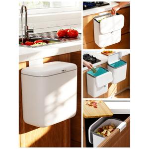 Wall Mounted Kitchen Compost Bin with Lid, Hanging Trash Can for Cabinet Door, White Plastic Food Scrap Bin for Kitchen Counter and Under Sink, 1.8 Gal