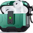 for AirPods 4 Case Cover [Safety Lock] [Magnetic One-Click Open] [Military Shockproof Armor] Double Rugged Outdoor Wireless Charging Case for AirPods 4th Generation with Keychain, Forest Green