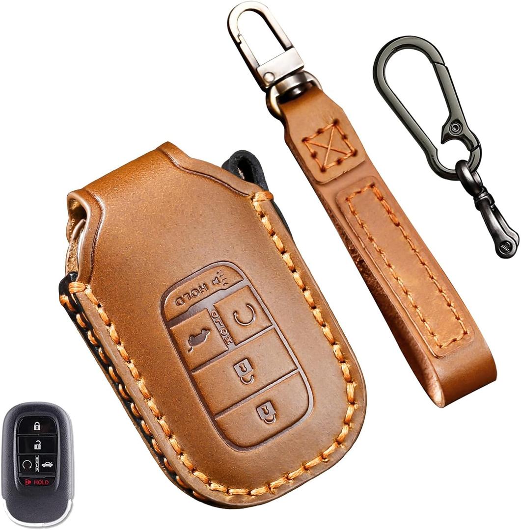 2022 2023 2024 2025 2026 Leather Key Fob Cover, Compatible with Honda Accord Civic HR-V CR-V Pilot Sport SI EX EX-L Touring, No Screw Design Retro Style Smart Key Protector, 4/5 Button(Brown)