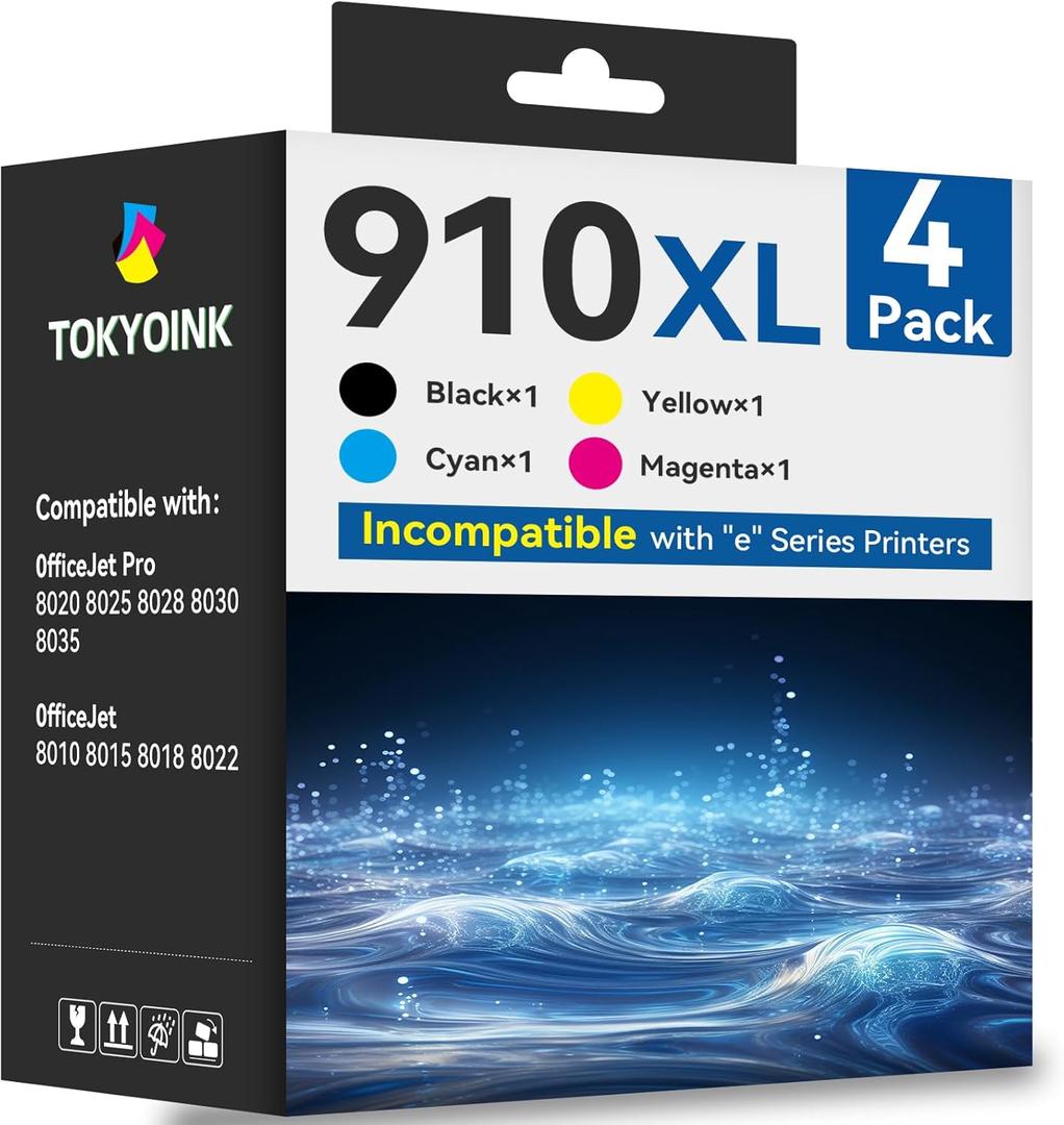 TOKYOINK (Latest Chip) 910XL Ink Cartridges Replacement for HP 910XL Ink Cartridges Combo Pack Use for HP OfficeJet 8010 8020 Series, Pro 8020, 8030 Series Printer