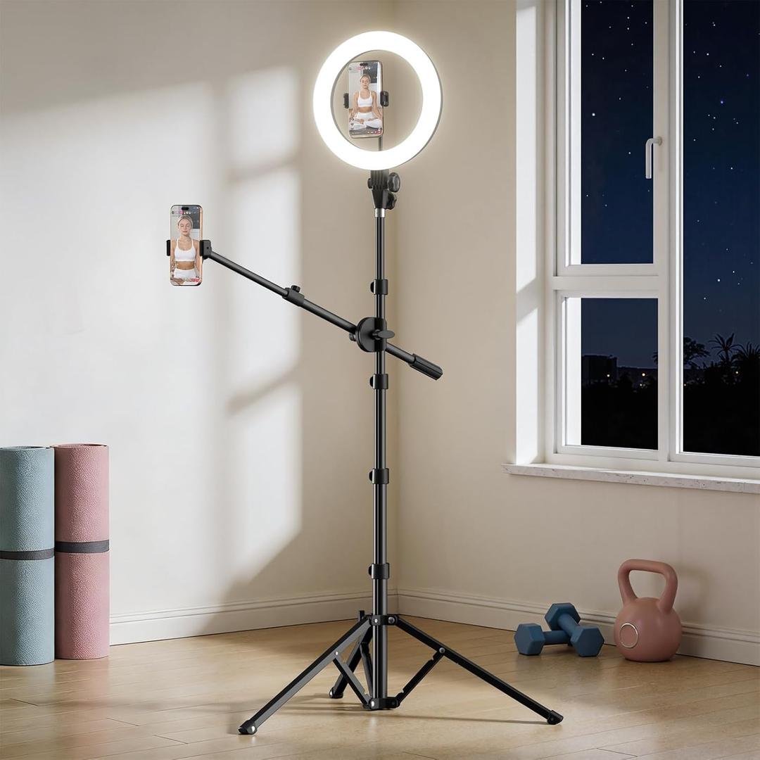 Tripod for iPhone with Light & Phone Holder - 10.5'' Ring Light with Stand - Second Arm with Overhead Phone Mount, Fast-Adjust Bamboo-Flex Stand & Remote for Content Creators, Video Recording