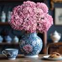 Artificial Flower Fake Silk Hydrangea Heads Bouquet with Stems Bulk for Fall Decoration Table Center Christmas Indoor Outdoor Faux Floral Realistic with Leaves Plants Crafts 8PCS (Pink)