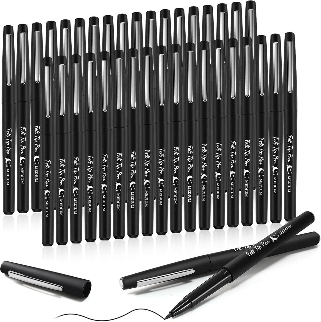 Fuyoooo 36 Pcs Felt Tip Pens 0.7mm Medium Point Colored Felt Tip Pens for Journaling Planner Writing Note-taking Art Office and School Supplies(Black)